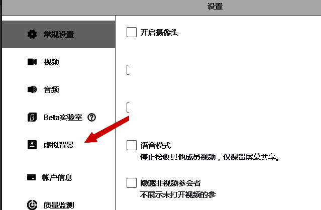 设置界面中选择虚拟背景选项的界面