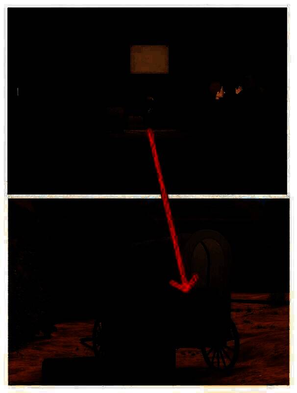 马棚内黑马及马车上箱子图