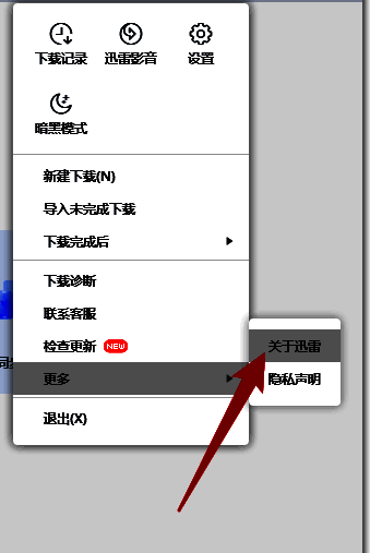 在更多弹窗中选择关于迅雷的界面图