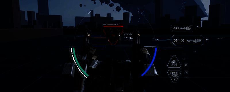 《解限机》中三角龙机甲展示图，机甲外观厚重，装备转管机炮，充满未来科技感