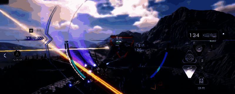 《解限机》中矛隼机甲战斗画面，机甲在空中高速飞行，导弹轨迹划破夜空