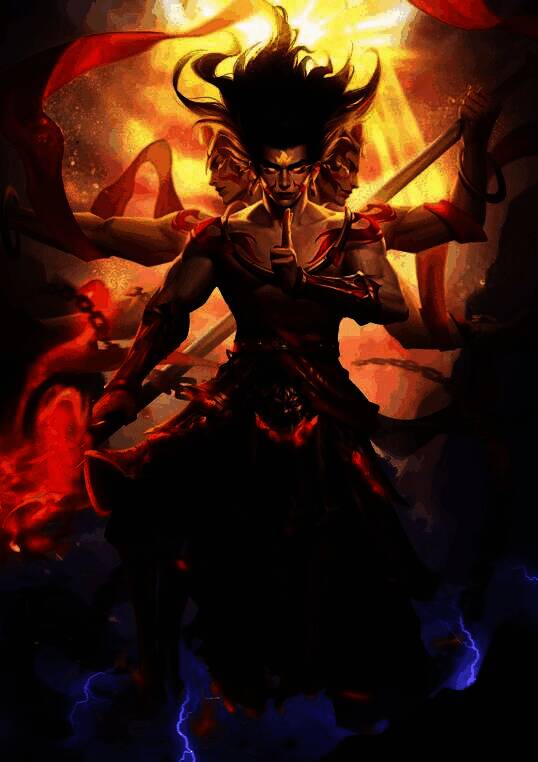 斗地主共创武将哪吒展示，背景为火焰特效，造型炫酷