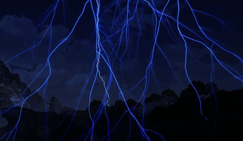 雷雨天气下，伊莫们躲进洞穴，天空中电闪雷鸣