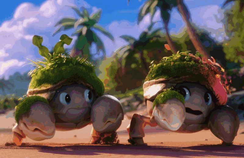 雷雨天气中的伊莫躲在树下，画面温馨又带有一丝紧张感