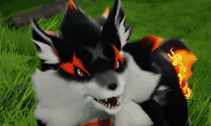 小炭犬进化成焚火狼的对比图，体型更大，火焰元素更明显