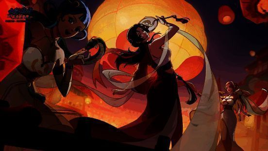 夕日红微笑挥手，背景为新年烟花绽放，充满节日氛围