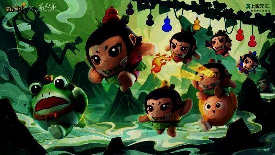 葫芦娃大娃外观展示，身穿红色衣裤，头顶葫芦发髻，表情坚毅