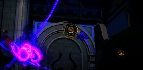 QTE小游戏界面，玩家需精准操作击败贼灵，背景为神秘遗迹场景