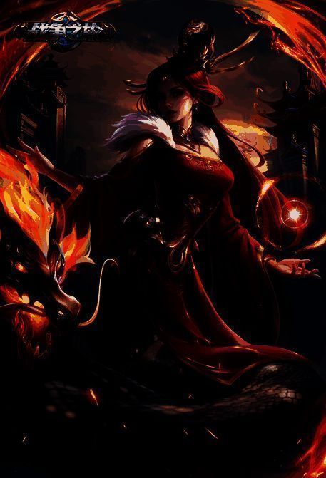 上古女皇·凤希身披炎域灵尊外观，特效环绕，背景为火域场景