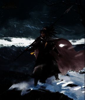 谋张绣手持长枪，威风凛凛，背景为战场硝烟弥漫