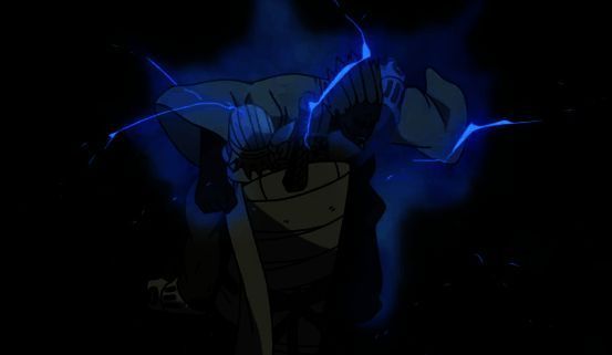 艾释放雷遁技能，电光四射，敌人被击飞的画面