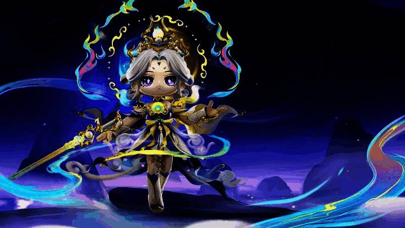 桃子神话皮肤朝闻道展示图，手持长剑，周身环绕星辰光芒