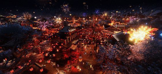 玩家在庆典现场放烟花，画面喜庆而梦幻