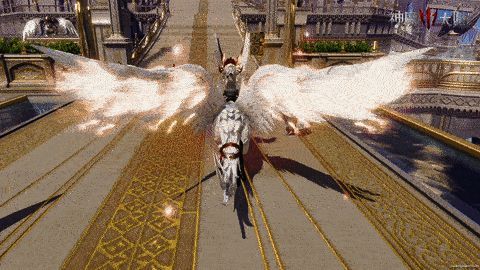 游戏主城全景，玩家在广场中自由互动，背景为魔幻风格建筑群