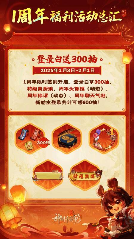 周年庆典主视觉图，展现游戏主题服开启与福利活动信息