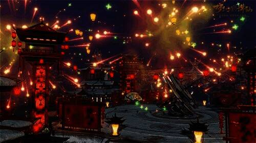 河阳城夜空被绚丽烟花点亮，角色仰望天空，背景中是璀璨的烟花特效