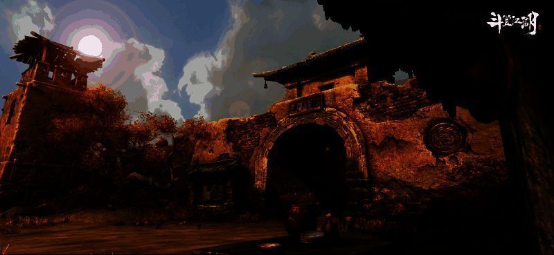 游戏场景画面，展现古风武侠氛围，人物身穿斗笠，背景为山林江湖