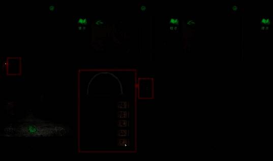 密码锁界面特写，五组符号清晰可见，玩家手指即将点击正确顺序