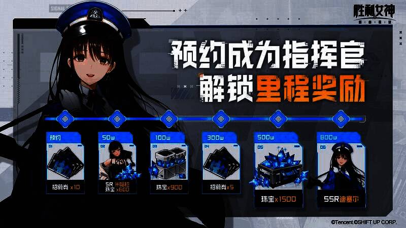 预约奖励界面截图，SSR妮姬立绘醒目，资源礼包数量诱人