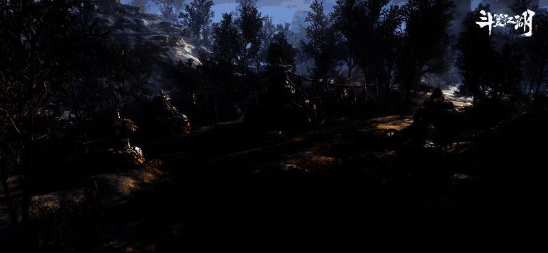 《斗笠江湖》主界面展示，角色身披斗笠立于山巅，远处是古风建筑与云雾缭绕的江湖场景