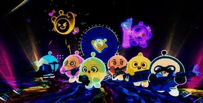 六小只在舞台上活力表演，台下蛋仔们挥舞手臂欢呼，氛围热烈