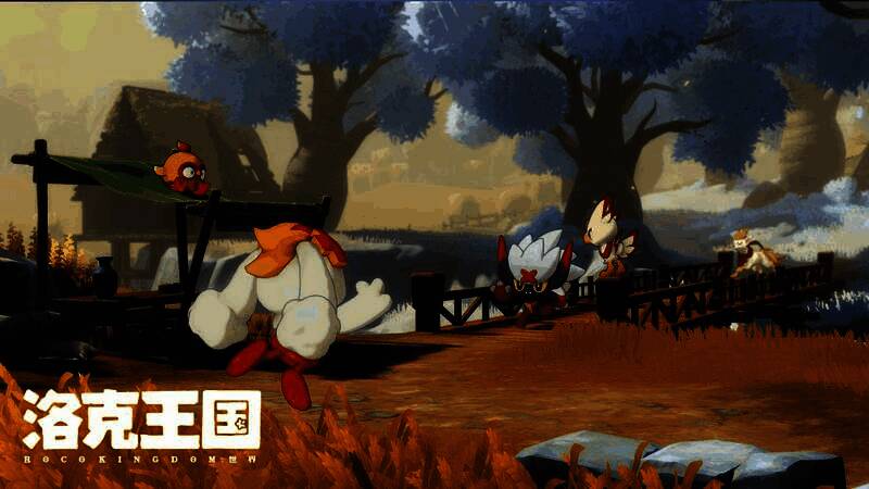 精灵互动场景图，小洛克骑着狮鹫飞越山谷，下方有精灵挥手致意