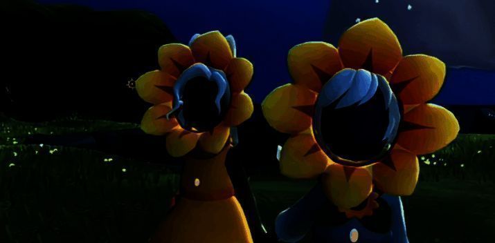 向日葵头套魔法使用效果，角色头部出现发光向日葵，周围有互动光效