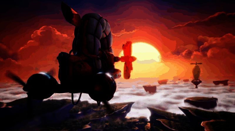 猫女与尤加掉入漩涡后出现在荒原地图，天空漂浮着巨大海盗船锚