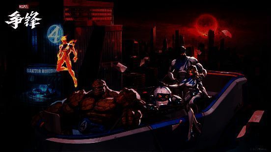 神奇四侠四人并肩站立，火焰、力场、岩石与隐形能量环绕周身，背景为未来都市崩塌场景，充满史诗感