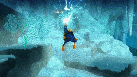 戴夫在海底驾驶潜水艇探索遗迹，鱼群环绕，宝箱闪烁