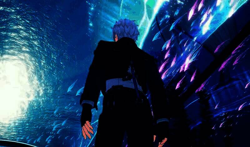 雪天异象下的海底隧道，顶部覆盖冰晶，光线呈现蓝紫色梦幻效果