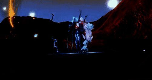 狴犴施展‘碎月惊雷’技能，腾空跃起发动双爪攻击，第二击炸裂出紫色雷电特效