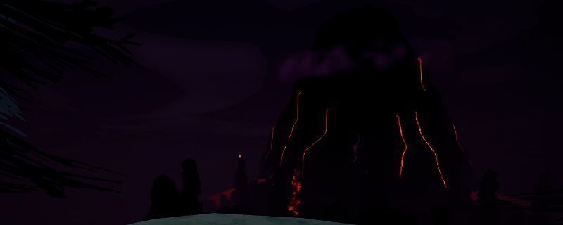 《PEAK》游戏中火山外围区域的实景画面，灰黑色的熔岩地表蔓延，远处可见冒着浓烟的火山口，玩家角色正沿着崎岖山道谨慎前行