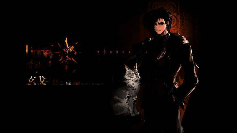 玄戈角色立绘展示，身披银黑战甲，手持长枪屹立于天鹿城之上，背景为血色残阳