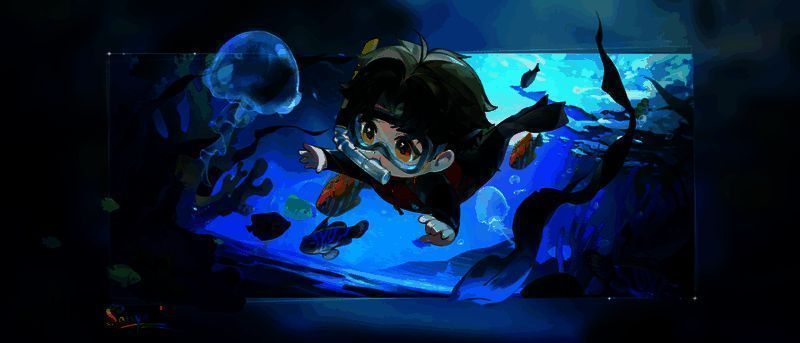 柏源穿着潜水装备在深海中漂浮，周围环绕着发光的水母和珊瑚，光影交错如梦境