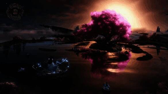 玉虚宫法宝库内部景象， shelves上陈列着混天绫、乾坤圈等著名法宝，光芒流转，灵气氤氲