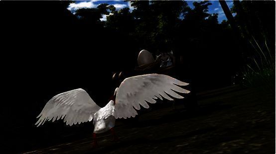 全新载具【吟风·大鹅催催】展示图，一只白色大鹅驮着少侠在水面滑行，头顶冒出‘催催’字样气泡