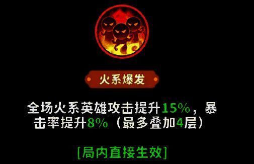 太乙真人技能‘火系爆发’界面，显示全场火系英雄属性增益
