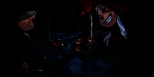 《月圆之夜》S6赛季宣传主视觉图，画面中地精站在堆满珍宝的店铺内，四周闪烁着神秘光芒，背景为月夜下的奇幻森林