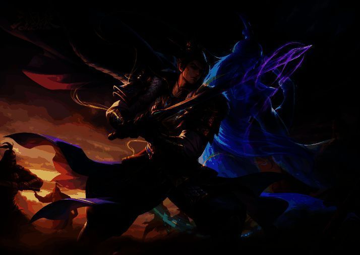 阎柔皮肤战斗场景，战甲细节精致，技能释放时火花四溅，战场氛围紧张