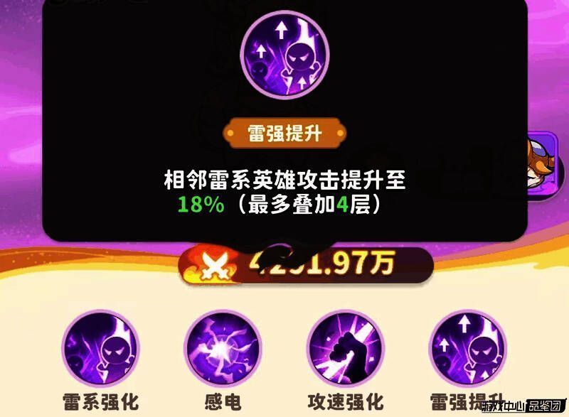 《魔宠降临》技能界面展示，左侧为雷系强化图标，右侧为雷强提升说明，界面清晰标注技能等级与增益百分比