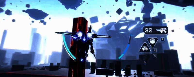 《解限机》中矛隼机甲在空中高速飞行并准备发动攻击的动态画面，机体呈现流线型设计，背景为城市上空战场