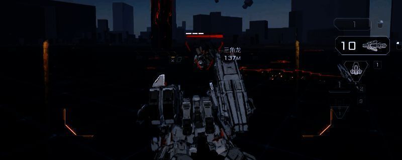 《解限机》中剑龙机甲战斗画面，机体全身装甲厚重，手持重型光束炮对敌方进行远程打击，背景火花四溅