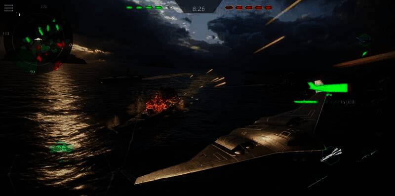 玩家在港口界面查看刚获得的新战舰，舰体闪耀金色光芒，周围有庆祝特效