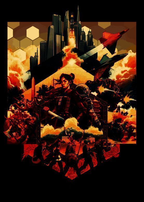 限量艺术海报展示，木兰站在六边形战场中央，背后是机甲与古代军队并列行进