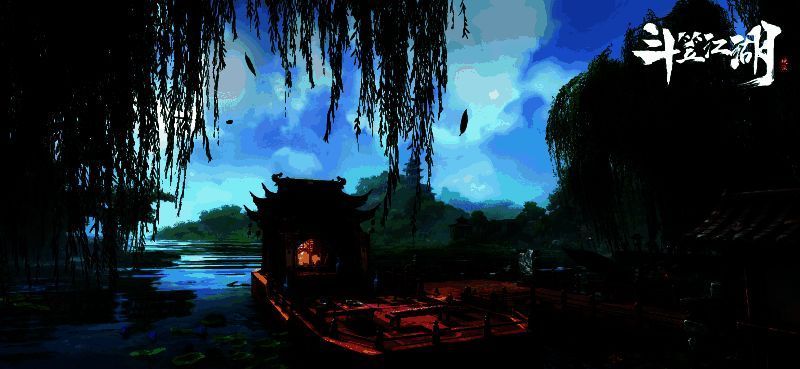 《斗笠江湖》游戏主界面展示，古风建筑林立，角色身披斗笠行走于市井之间，画面充满江湖气息