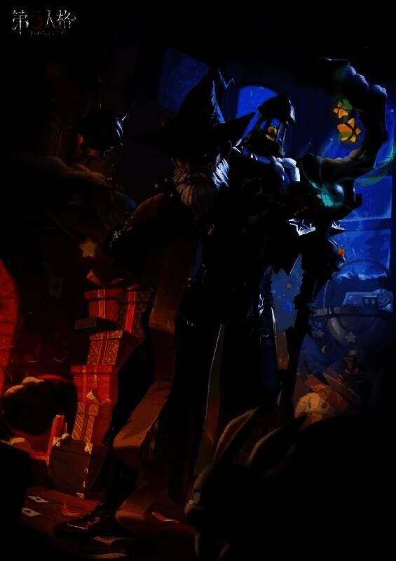 《第五人格》圣诞主题主视觉图，角色们身着节日装扮，背景为飘雪的月亮河公园，充满童话氛围