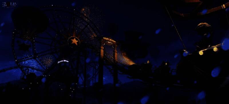 求生者角色在装饰华丽的圣诞市集中穿行，周围有旋转木马和灯光装饰