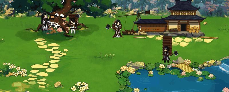 商会后山全景示意图，绿树成荫，中央设有伐木区与锯木厂，多名小人正在协作砍树，画面充满生机