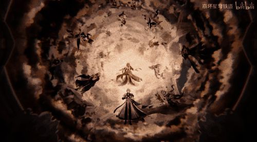 翁法罗斯废墟场景，远处可见倒塌的神像与漂浮的记忆碎片，象征文明的衰败